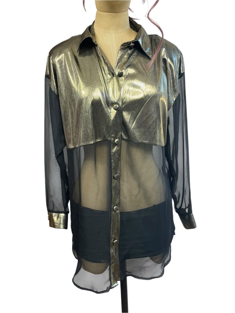 VTG Ali & Kris Sheer Metallic Small Gold Black Blouse Contemporary
